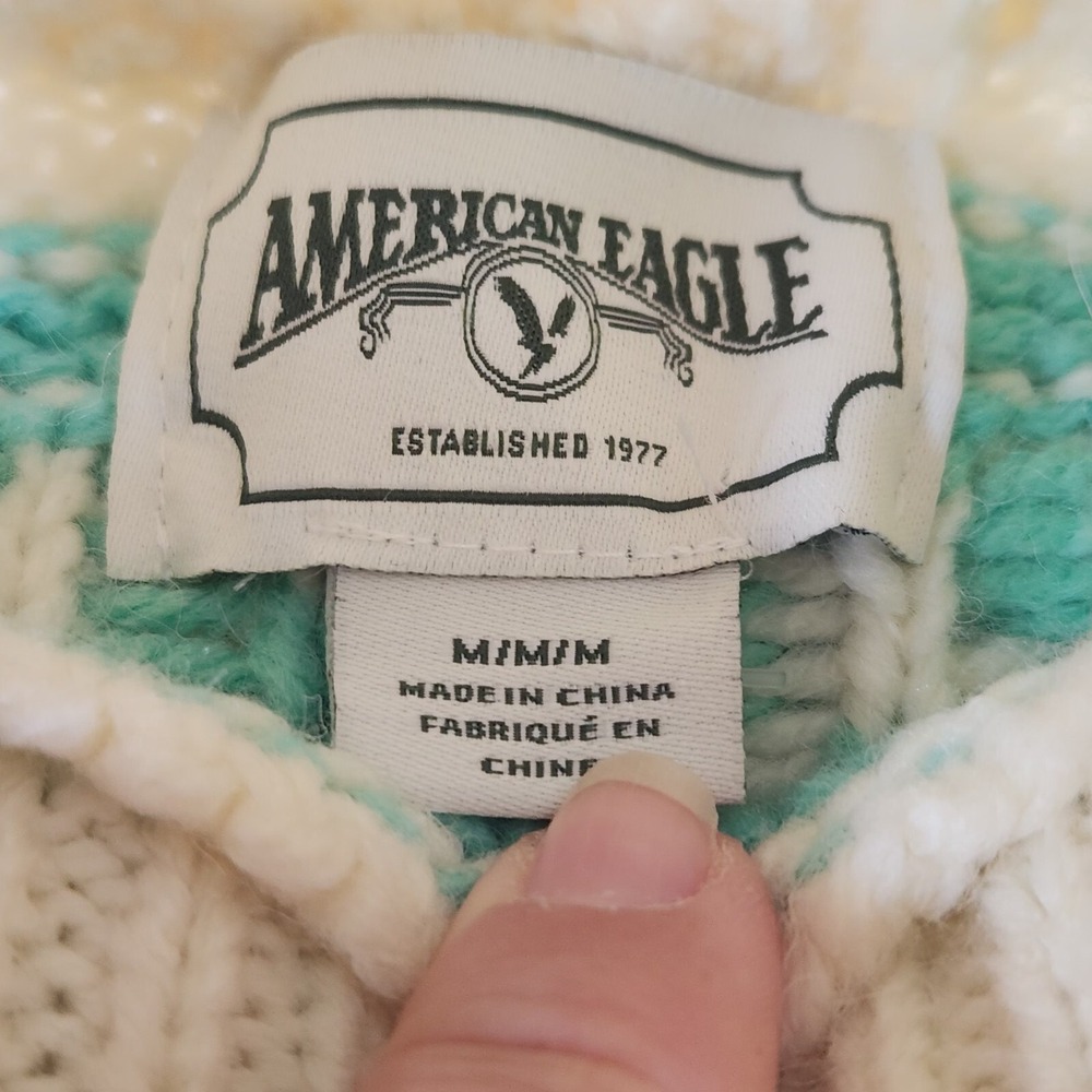 AMERICAN EAGLE AE Oversized Fairisle Mock Neck‎ Sweater M Green Ivory Cottage - Picture 6 of 6